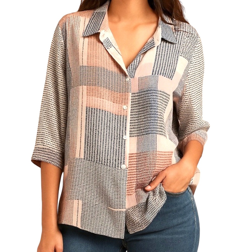 ROSE + OLIVE Flowy Crepe Top BUTTON-UP SHIRT Pink/Gray/Multi CHECK Colorblock 3X
